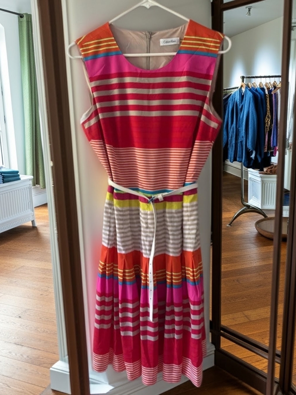 Calvin Klein Pink Orange Multicolor Striped Sleeveless Dress
